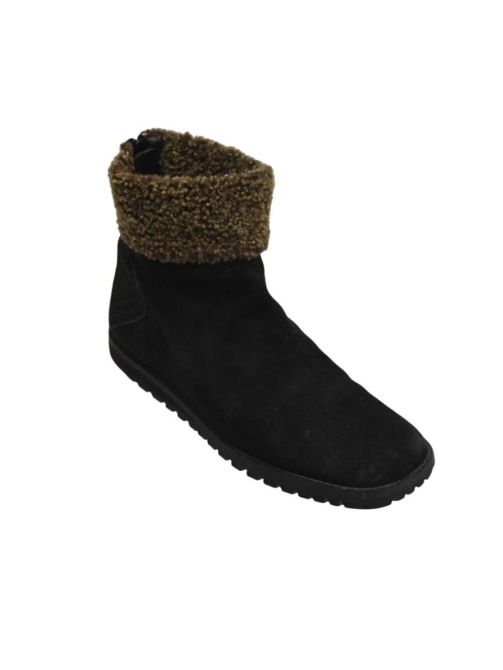 Stuart Weitzman 9 Black Suede Shearling Trim Ankle Winter Boots Lug Sole Zip